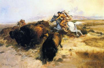 アメリカインディアン Painting - バッファロー狩り 1897年 チャールズ・マリオン・ラッセル アメリカ・インディアン